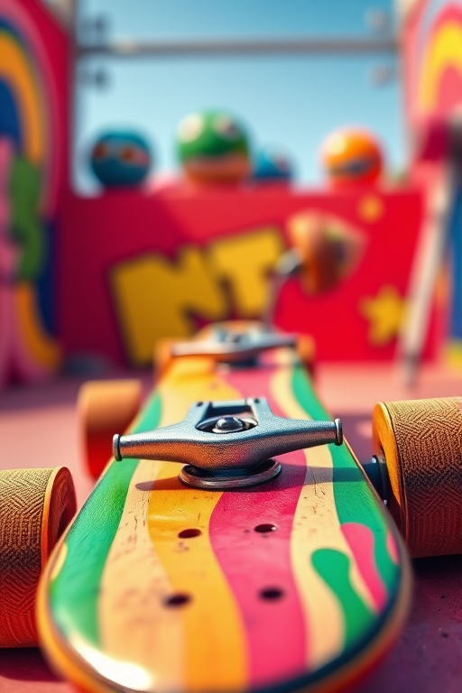 Create a vibrant illustration of a skateboard with a dynamic perspective, using a 50mm lens at f/2.8, ISO 100, and a shallow depth of field, capturing bright colors and clean lines, with a focus on textured details and a playful background.
