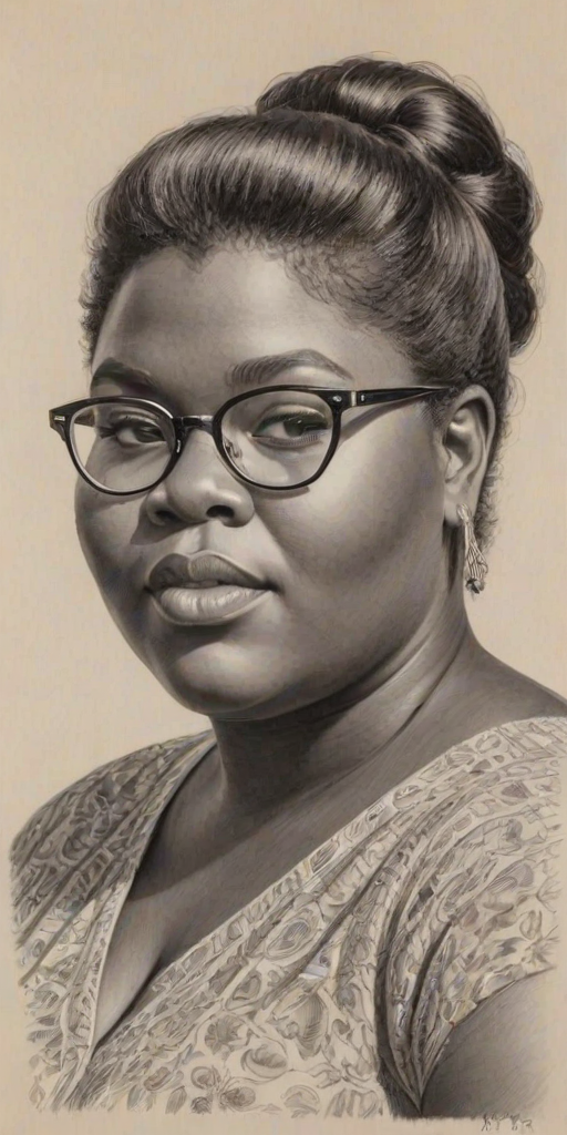 Radiant Gabourey Sidibe, pencil sketch, portrait of Resplendent woman 1957s in glasses, hair style beatnik, outline, clear lines, fine lines, 8k