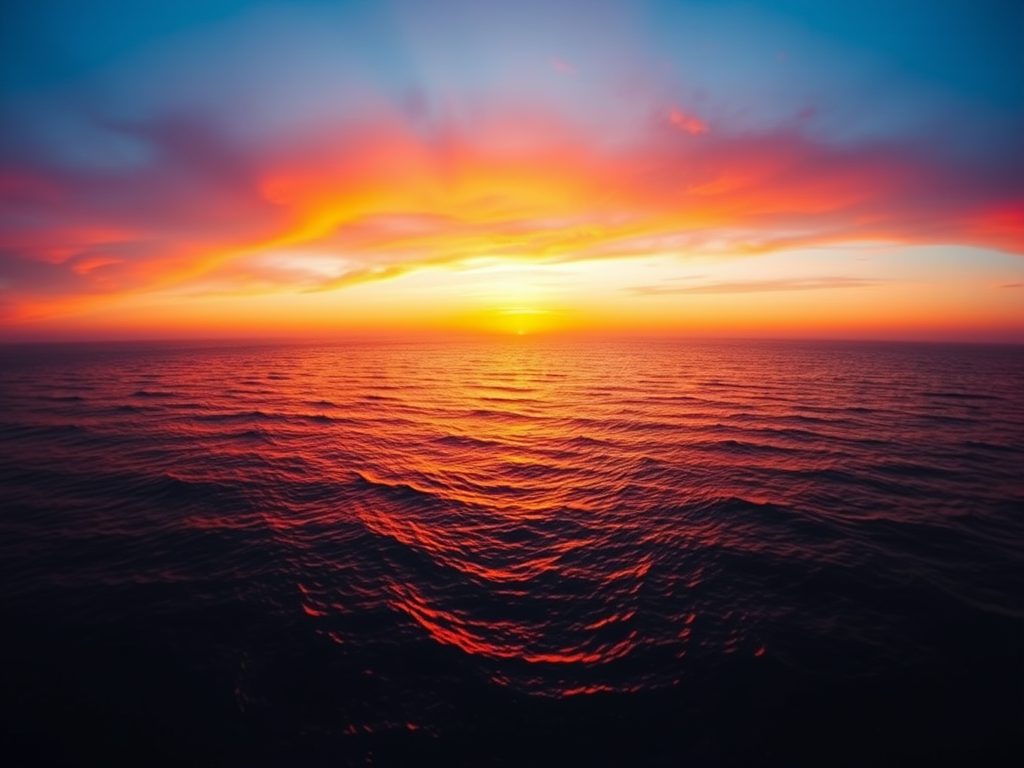 Generate an image of a sunset over a calm ocean reflecting vibrant orange and purple hues, shot with a Canon EOS 5D Mark IV, 50mm lens, aperture f/1.8, ISO 100, using a wide-angle view for a panoramic effect.