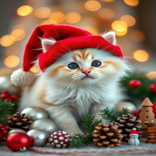 A fluffy white kitten wearing a red and green Christmas hat, sitting among holiday decorations like silver and red ornaments, pine cones, and small festive figurines, soft bokeh background, shot with a Canon EOS R5, 50mm lens, f/1.8 aperture, ISO 200, natural light for a warm and cozy atmosphere.