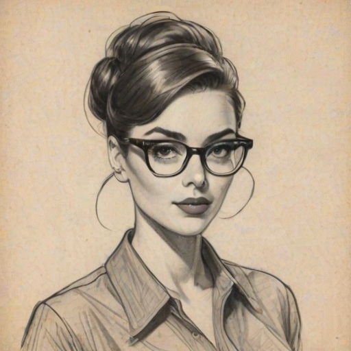 Fetching Jade Tailor, pencil sketch, portrait of Attractive woman 1959s in glasses, hair style beatnik, outline, clear lines, fine lines, 8k
