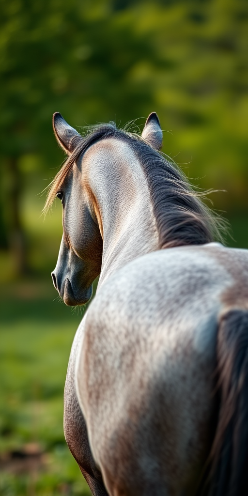 photograph a grey horse in a natural setting with depth of field, aperture f/2.8, shutter speed 1/500s, ISO 200, using a DSLR camera, 85mm lens, soft natural lighting, capturing the horse looking back over its shoulder, with a blurred green background for emphasis on the horse.