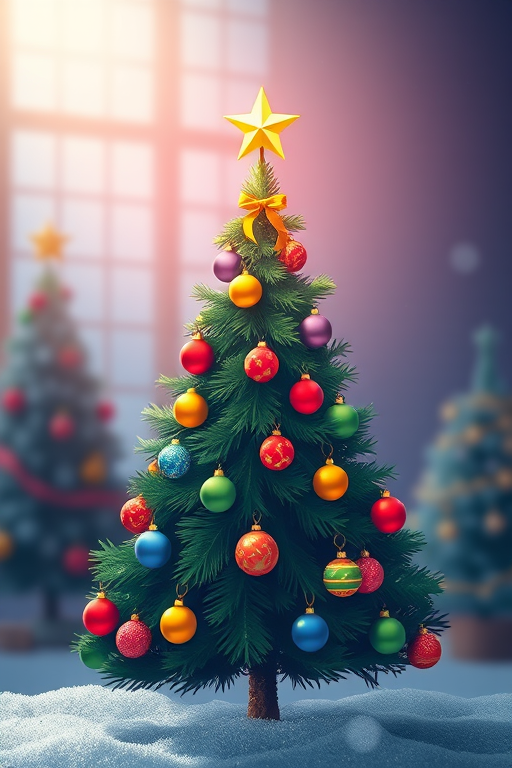 Create a vibrant illustration of a Christmas tree with a star on top and colorful ornaments using a Canon EOS R5 camera, 50mm lens, f/1.8 aperture, ISO 100, soft natural lighting, and a shallow depth of field for a dreamy effect.