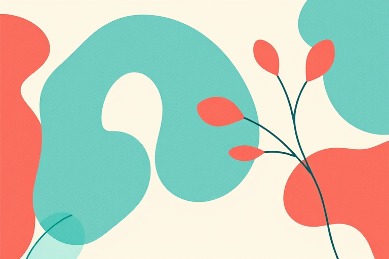 Create a vibrant abstract background featuring organic shapes in shades of teal and coral against a soft cream backdrop, shot with a Canon EOS R, 50mm lens, f/1.8, ISO 100, in natural light for enhanced detail and color richness.