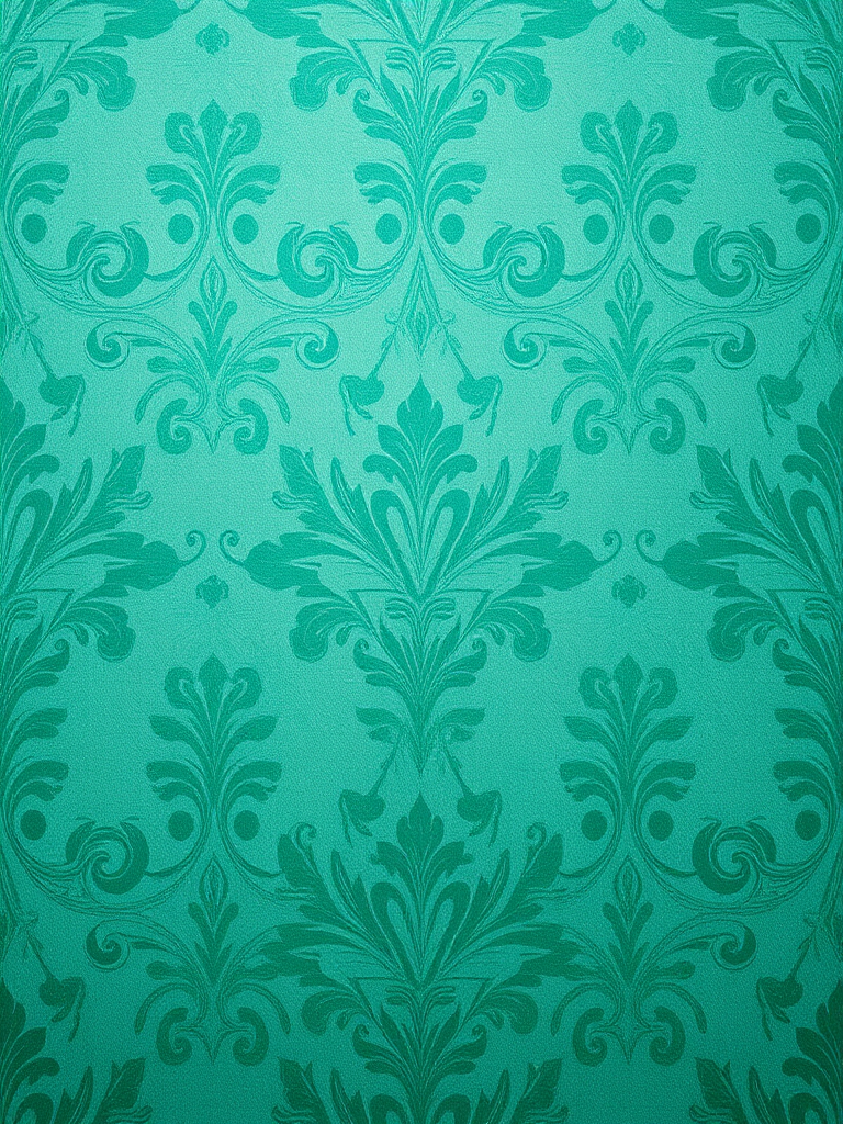 Create a high-resolution textured background featuring a damask pattern in shades of turquoise and green, shot with a Canon EOS R5, 50mm lens, f/2.8 aperture, ISO 100, with a soft focus and even lighting.