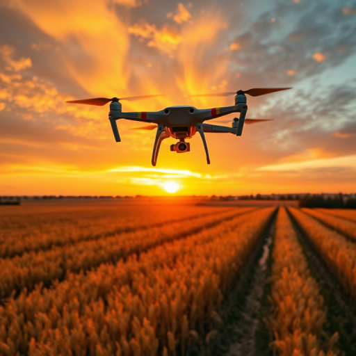 Generate an aerial view of a drone flying over golden fields at sunset, with vibrant colors and dynamic cloud patterns, using a DSLR camera, 24mm lens, f/8 aperture, ISO 100, and a shutter speed of 1/200s.