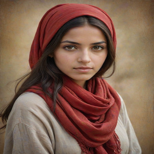 Create a portrait of a young Berber woman with long, dark hair and captivating hazel eyes. She is wearing a red headscarf and a matching scarf draped gracefully around her neck. The background is softly blurred, focusing attention on her serene and natural expression. The overall color palette is muted and warm, enhancing the intimate and authentic feel of the portrait.