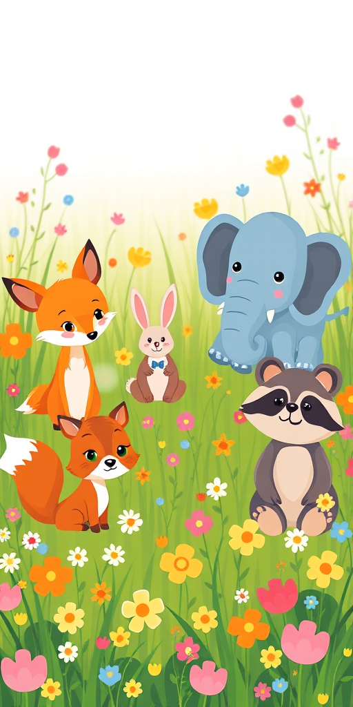 Whimsical illustration of cartoon animals including a fox, deer, rabbit, squirrel, elephant, and raccoon set in a vibrant, flower-filled meadow, captured with a DSLR camera, 50mm lens, f/1.8 aperture, ISO 100, natural lighting, and a slightly elevated angle for a playful perspective.