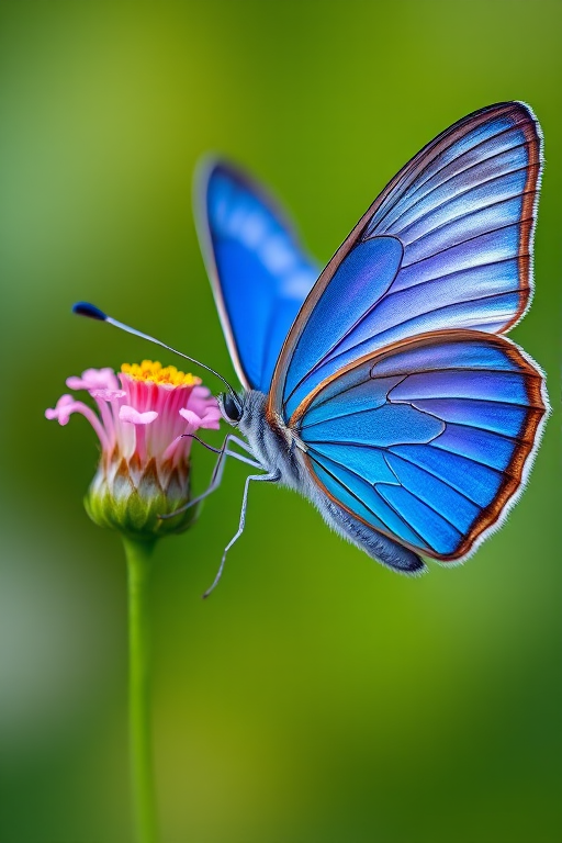 macro shot of a vibrant blue butterfly perched on a flower with a blurred green background, ISO 100, aperture f/2.8, shutter speed 1/250s, shot with a Canon EOS 5D Mark IV, 100mm macro lens, natural light, shallow depth of field