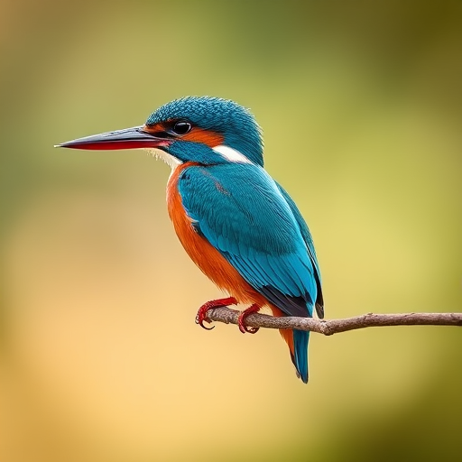 Photograph a kingfisher perched on a branch, using a Canon EOS 5D Mark IV with a 70-200mm f/2.8 lens, aperture set to f/4, shutter speed at 1/1000s, ISO 200, natural light with a slight vignette effect to create depth.
