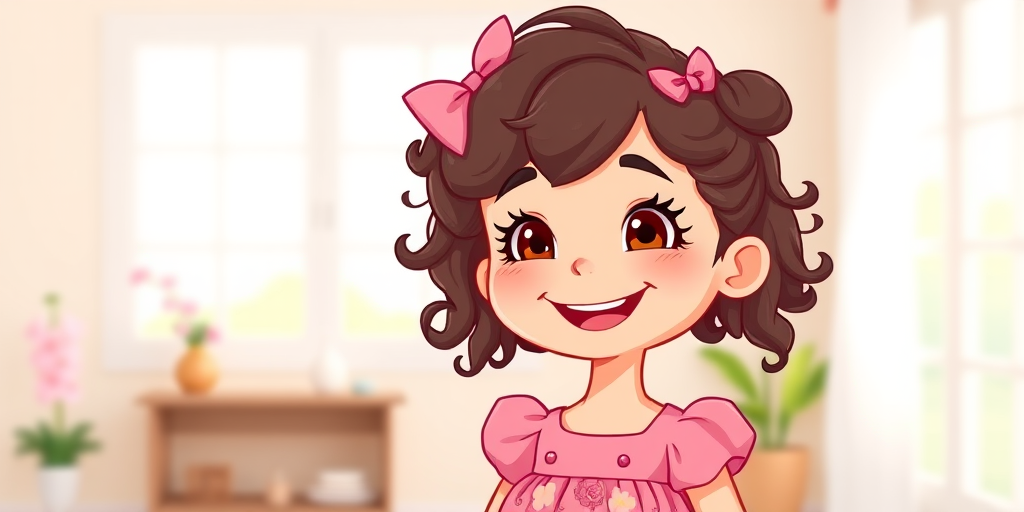 Create a cartoon-style illustration of a smiling girl with curly hair and bows, wearing a pink dress with floral patterns, captured in a bright, cheerful setting using a DSLR camera with a 50mm lens, f/1.8 aperture, ISO 200, and soft daylight.