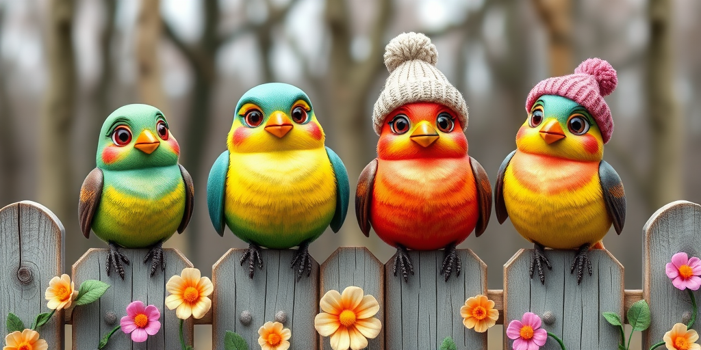 create a scene of 4 quirky  whimsical colourful comical birds each with a funny expression. they are sat on a wooden fence with colourful flowers. they are all different sizes. each one is a different colour  one is wearing a woolly hat. Each one has a different quirky google expression and there is a muted background of trees watercolour paintierly style high definition 8k resolution 3D paper mache
