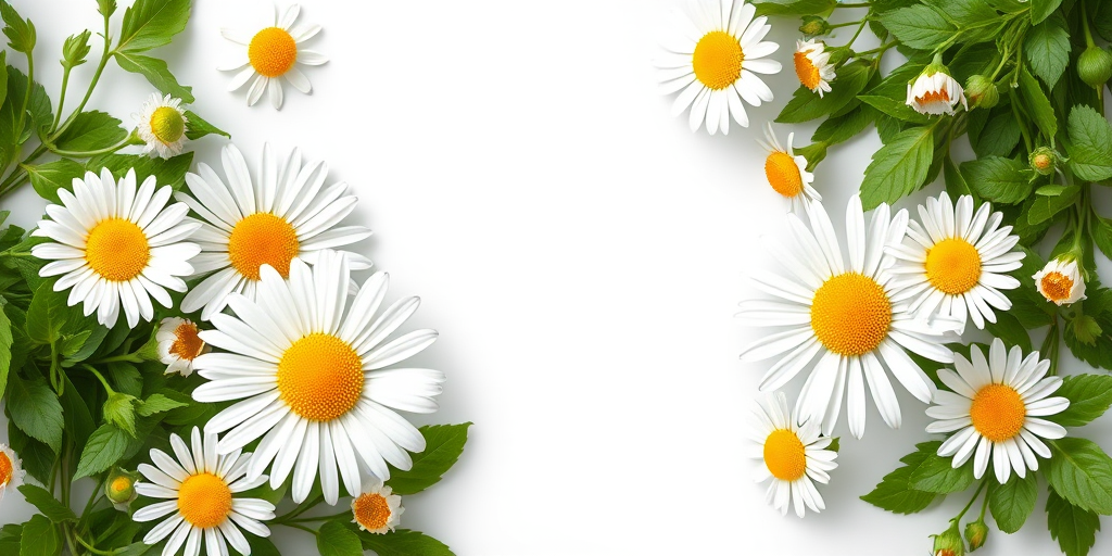 Create a high-resolution image of a floral corner design featuring white daisies with yellow centers and green leaves surrounding them, shot with a Canon EOS R5, 50mm f/1.8 lens, in natural light for enhanced detail and vibrant colors, with a soft focus background.