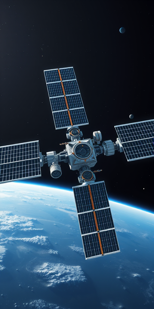 Create a high-resolution digital illustration of a modern space station in orbit with detailed solar panels, using a DSLR camera settings of f/8, ISO 100, and 1/250s shutter speed, in a wide-angle view to capture the entire structure, rendered in a realistic, photorealistic style.