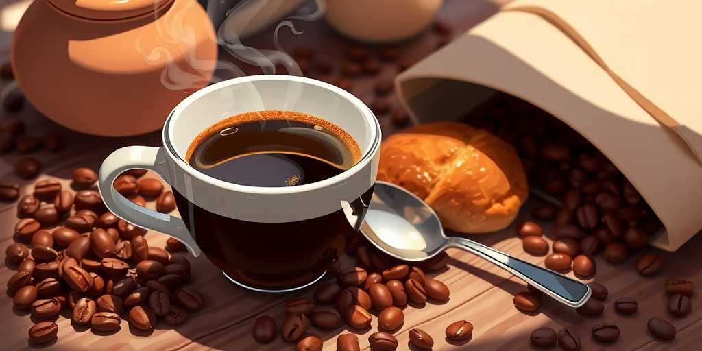 create a high-resolution illustration of a coffee scene featuring a steaming cup of coffee, coffee beans scattered, and a spoon beside a pastry, use a Canon EOS R5 with a 50mm lens at f/1.8, shot in natural light for a soft effect, focus on vibrant colors and fine details.