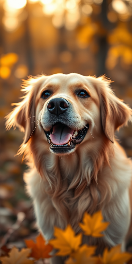 A golden retriever portrait in a soft golden hour light, shallow depth of field, 50mm lens, aperture f/1.8, ISO 200, slightly overexposed for warmth, captured with a DSLR camera, focusing on the dog's joyful expression amidst autumn foliage.