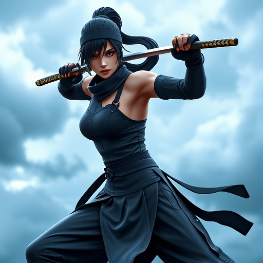 Create a highly detailed 3D rendered image of a female ninja character in a dynamic pose, wearing a sleek black outfit, holding a katana, with a cloudy blue and grey background, taken with a DSLR camera at f/1.8, ISO 100, 50mm lens, portrait orientation for enhanced depth of field and sharpness.