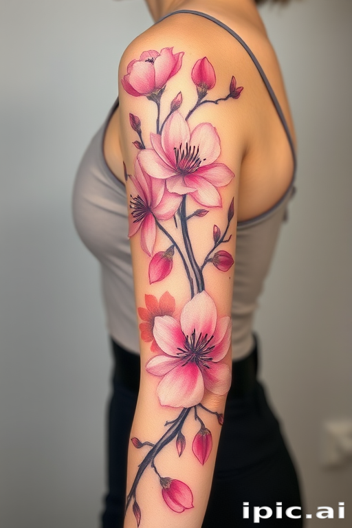 Elegant floral sleeve tattoo with delicate cherry blossoms and peonies in soft pastel hues of pink lavender and peach accented by flowing brushstrokes and subtle shading techniques