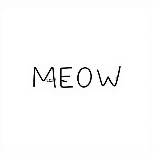 Create an image with a minimalist and cute design featuring the word "MEOW." Use simple black lines on a white background. The letter "M" should resemble a cat's face with ears and whiskers, and the letter "W" should also resemble an upside-down cat face. Add small blush marks on the cheeks of the cat faces for a charming touch.
