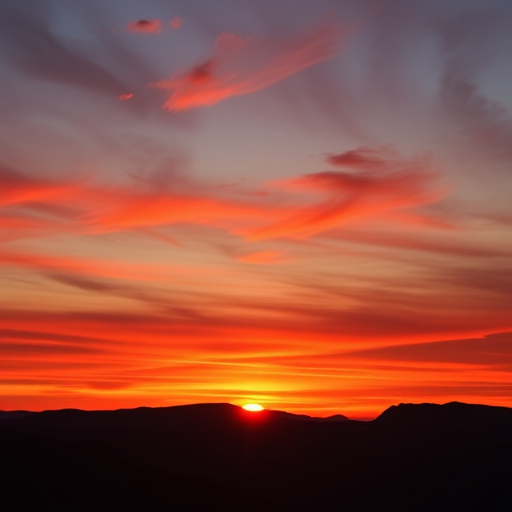 Create a vibrant sunset landscape with a silhouette of mountains in the foreground, captured with a Canon EOS R5, 24mm focal length, f/8 aperture, ISO 100, HDR settings for dynamic range, wide-angle view, and enhanced color saturation.