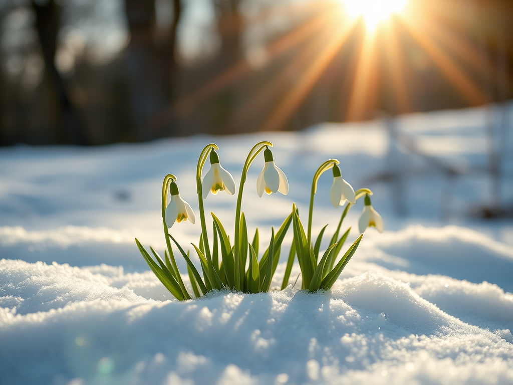 Create a high-resolution illustration of snowdrop flowers emerging from snowy terrain under a bright sun, using a Canon EOS R5 with a 50mm f/1.2 lens, aperture set to f/8, ISO 100, and a soft-focus background to enhance depth and detail.
