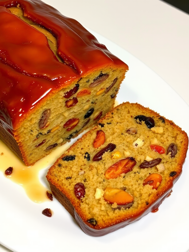 A beautifully glazed fruitcake with a moist texture and a rich assortment of dried fruits and nuts, displayed on a white plate with a slice cut out to reveal its colorful interior, featuring shiny glaze on top.