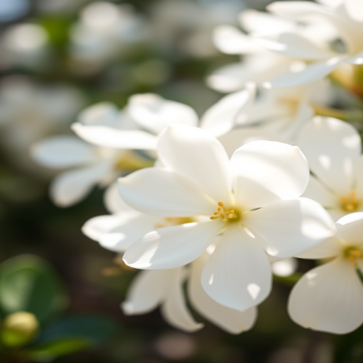 Close-up of blooming white jasmine flowers with soft natural lighting, shallow depth of field, using a DSLR camera, f/2.8 aperture, 50mm lens, ISO 100, with a focus on floral details and a blurred background.