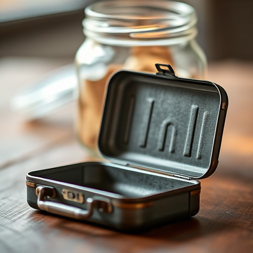 Close-up shot of an open vintage metal case resting on a wooden surface in front of a clear glass jar, soft natural lighting, aperture f/2.8, shutter speed 1/60 sec, ISO 200, macro lens, DSLR camera, focus on texture and details.