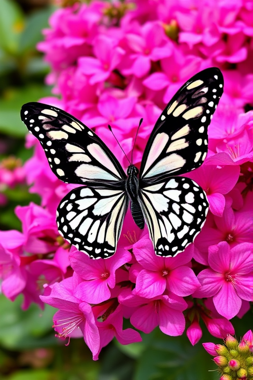 Generate an image of a butterfly with intricate black and white patterns resting on vibrant pink flowers. The scene should be lush and colorful, highlighting the delicate beauty of both the butterfly and the blossoms.