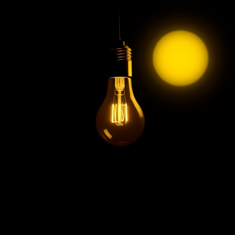 create an illustration of a yellow light bulb on a black background, use a DSLR camera with a 50mm lens, aperture f/1.8, ISO 100, and a soft focus style to enhance image quality
