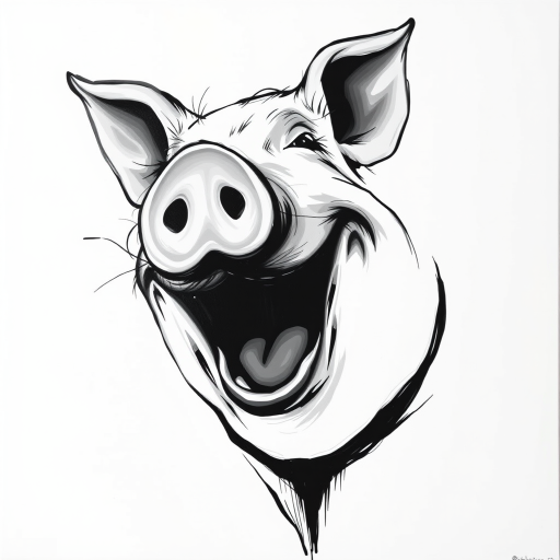 Abstract black and white acrylic portrait of an over exaggerated laughing (pig). Minimalism style. White background.