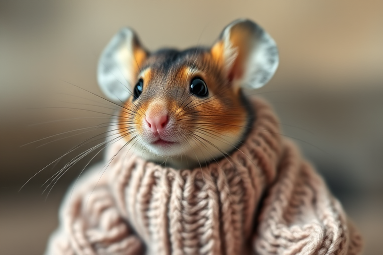 Create a high-resolution portrait of a cute mouse wearing a cozy, oversized sweater, captured with a 50mm lens at f/2.8, shallow depth of field, soft natural lighting, and a close-up view to enhance details.