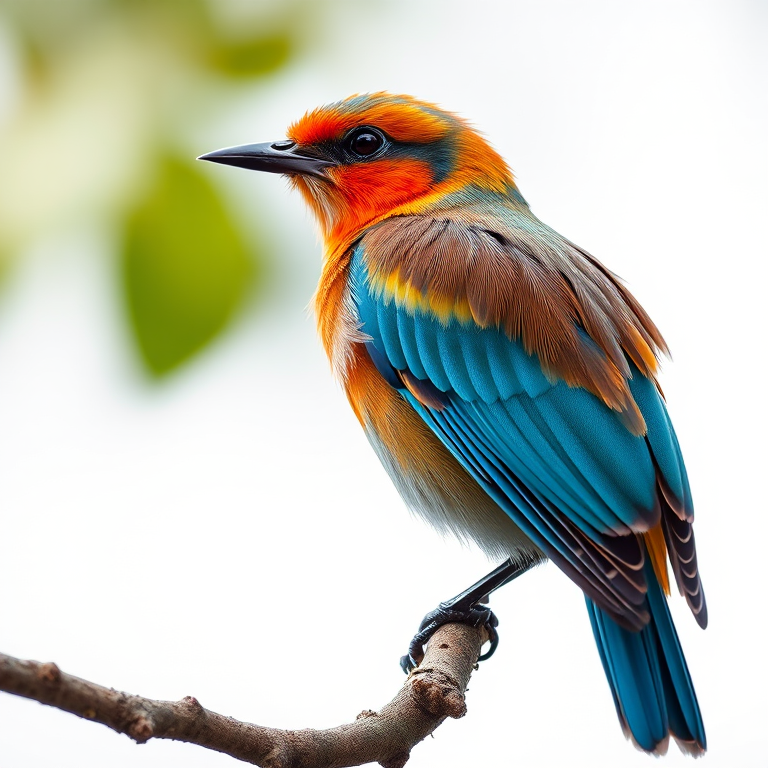 Create a high-resolution digital illustration of a bird perched on a branch with detailed feathers and vibrant colors, using a Canon EOS R5 with a 50mm f/1.2 lens, ISO 100, aperture f/2.8, and a shallow depth of field for a soft background effect, in a studio lighting setup.