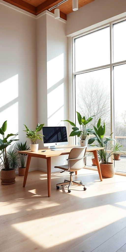 A modern minimalist home office with a wooden desk, a computer, and indoor plants, natural light streaming through large windows, ISO 100, f/5.6, 1/60s, wide-angle view, taken with a DSLR camera in bright daylight.