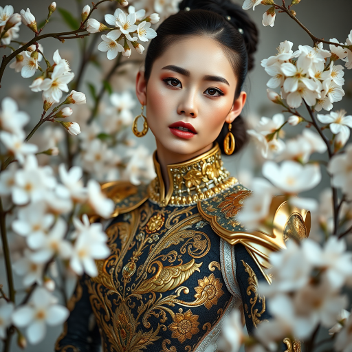 Generate a high-resolution portrait of a woman in an ornate futuristic outfit with intricate gold detailing, surrounded by blooming flowers, captured with a Canon EOS R5, 85mm f/1.2 lens, aperture set to f/1.2 for a shallow depth of field, soft natural lighting for a dreamy effect, in a studio environment.