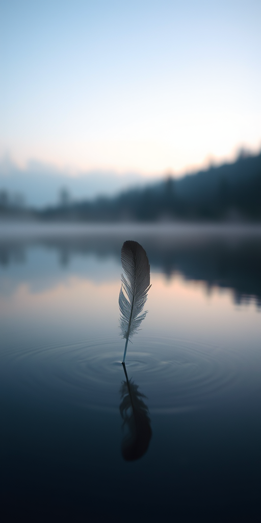 Softly focused image of a single feather floating on a still lake at dawn, soft mist rising from the water, with distant trees and a peaceful, serene atmosphere blending into the background.