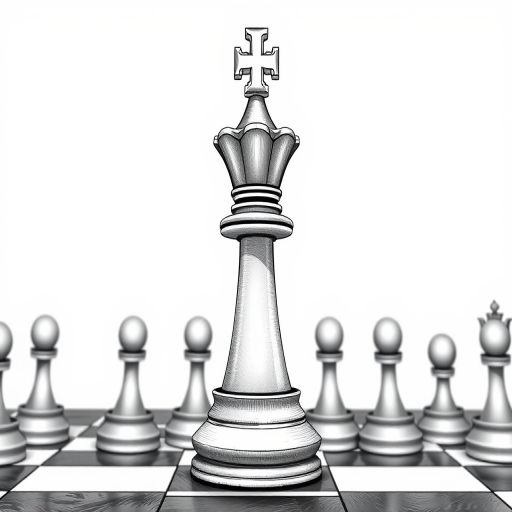 Generate a detailed illustration of a chess rook featuring ornate architectural elements, captured with a DSLR camera at f/8 aperture, ISO 100, 50mm lens, with a top-down view, in a high-contrast black and white style to enhance image quality.