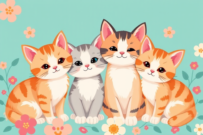 Create a high-resolution digital illustration of four cute cartoon cats in a floral pattern, with a soft turquoise background, using a Canon EOS R5, aperture f/2.8, shutter speed 1/125s, ISO 100, in natural light for vibrant colors and sharp details.