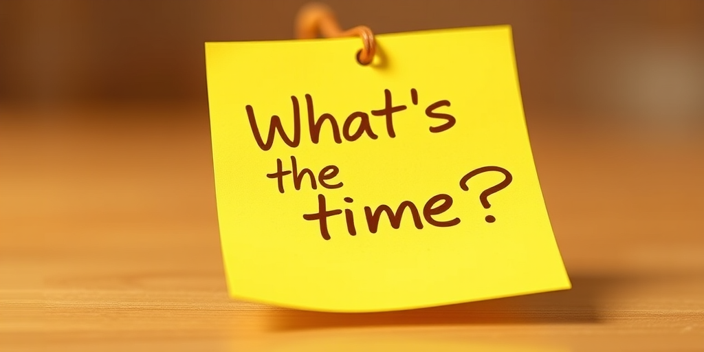 Yellow post-it note, hand written in brown pen text "What's the time??", 3d, hd, hyper realistic,