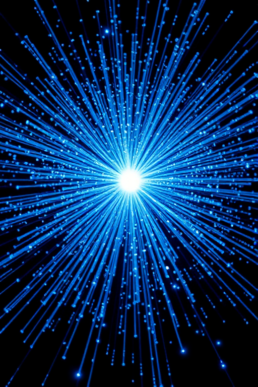 Generate an image of a dynamic burst of blue light particles radiating outward from a central point, using a Canon EOS R5 camera with a 24mm f/1.4 lens, ISO 100, shutter speed 1/200s, wide-angle view, and high contrast for enhanced depth and detail.