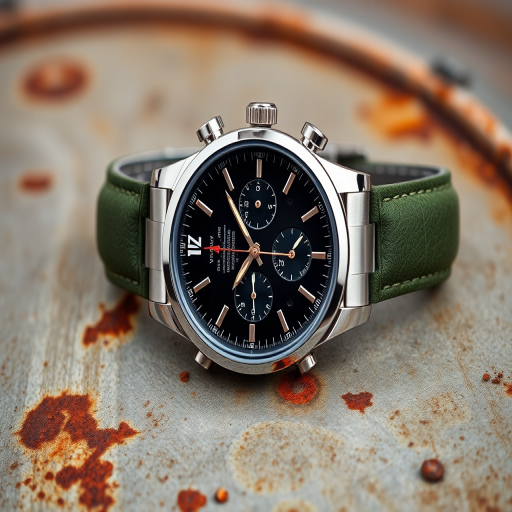 A close-up shot of a stainless steel chronograph watch with a black face and green leather strap placed on a textured metallic surface with rust, taken with a DSLR camera at f/2.8 aperture, 50mm lens, ISO 100, and natural lighting to enhance detail and clarity.