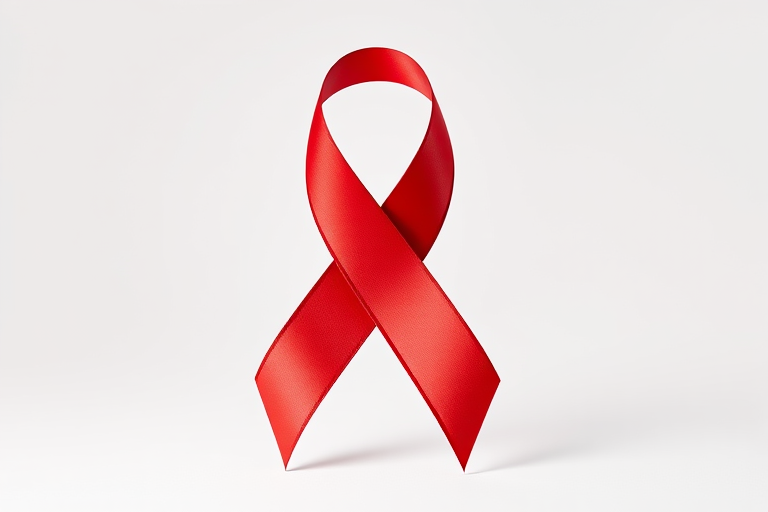 Create a high-resolution, vector-style image of a red awareness ribbon, using a Canon EOS 5D Mark IV with a 50mm lens, aperture f/2.8, ISO 100, in a well-lit studio setting with a soft white background to enhance clarity and detail.