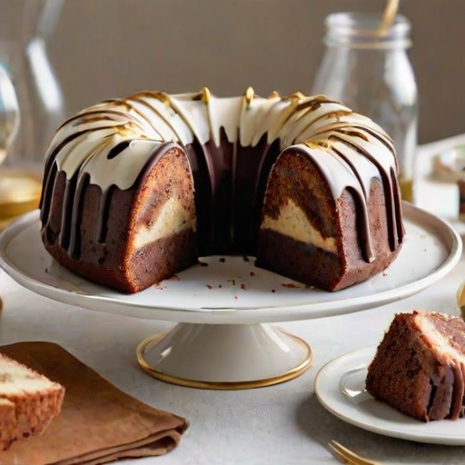 Generate an image of a chocolate and vanilla bundt cake with a slice removed, showcasing the layered design. The cake should be placed on a white plate, with a light-colored background. Include some gold forks in a glass jar nearby and a few additional slices on small plates. Make the scene bright and inviting.