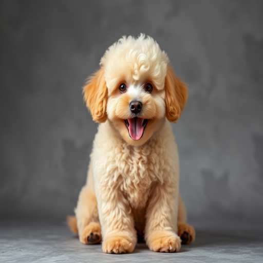 photograph of a happy fluffy poodle sitting against a textured gray background, aperture f/2.8, shutter speed 1/200s, ISO 100, 50mm lens, soft diffused lighting, portrait view, DSLR camera