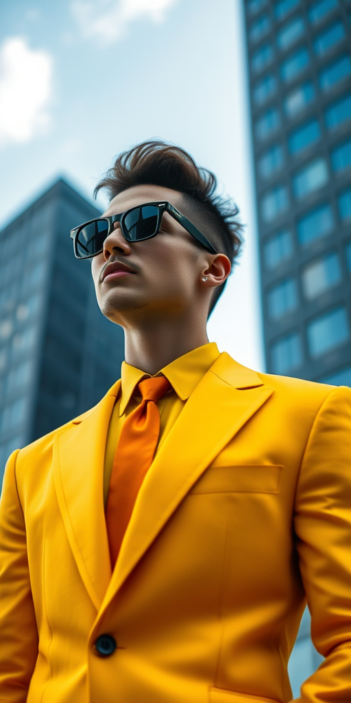 regenerate the image of a stylish individual wearing sunglasses and a bright suit against an urban backdrop, captured with a Canon EOS R5, 35mm lens, f/1.8 aperture, at a low angle to emphasize height and vibrant colors, ensuring sharp focus on the subject with a soft blurred background to enhance image quality