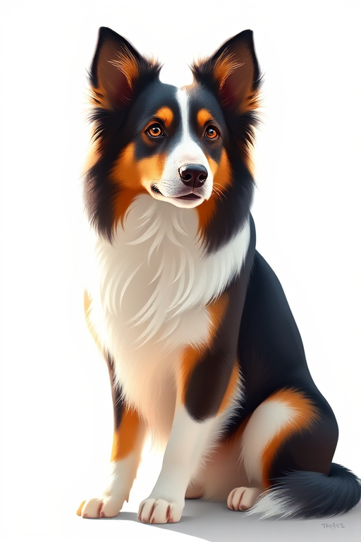 Create a high-resolution digital illustration of a collie dog sitting gracefully, with a glossy finish and vibrant colors, captured with a Canon EOS 5D Mark IV, using a 50mm f/1.4 lens, at ISO 100, aperture f/2.8, in soft natural lighting.