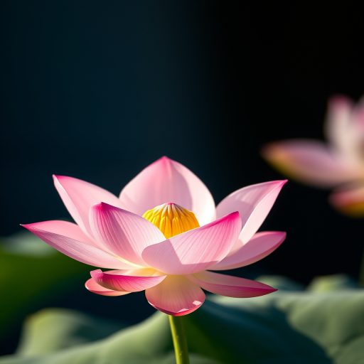 Create a high-resolution image of a pink lotus flower with soft lighting, using a DSLR camera, 50mm lens, f/2.8 aperture, ISO 100, shot from a slightly elevated angle to capture the bloom's details.