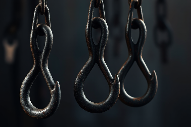Photorealistic close-up of three aged metal hooks hanging from rusty chains, with dramatic lighting, aperture f/2.8, ISO 100, 50mm lens, shot from eye level, using a DSLR camera to capture intricate details and texture.