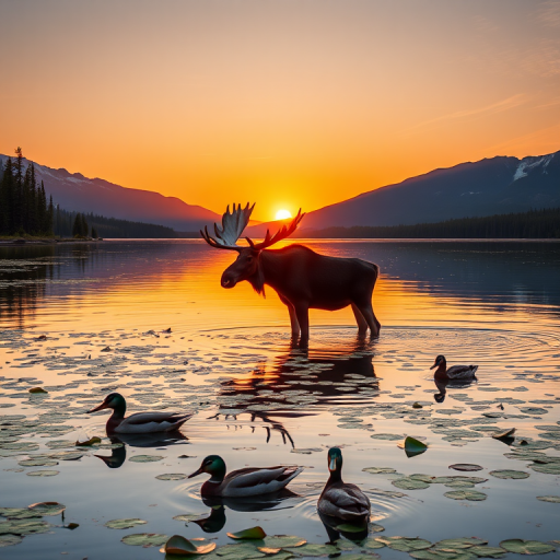 A majestic moose standing in a tranquil lake at sunset, surrounded by lily pads and two ducks swimming nearby, with mountains in the background and a clear sky, shot with a Canon EOS R5 at f/8, ISO 100, 1/200s, using a 24-70mm lens, in landscape orientation for sharp detail and vibrant colors.