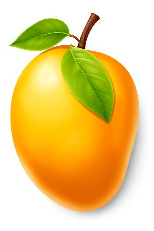 Create a highly detailed illustration of a mango with a smooth gradient of yellow to orange, featuring a vibrant green leaf, shot in a top-down view using a DSLR camera at f/4 aperture, ISO 100, and 50mm lens for crisp focus and vibrant colors.